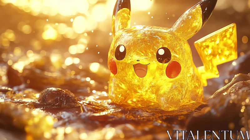 Translucent yellow creature model on reflective wet ground.