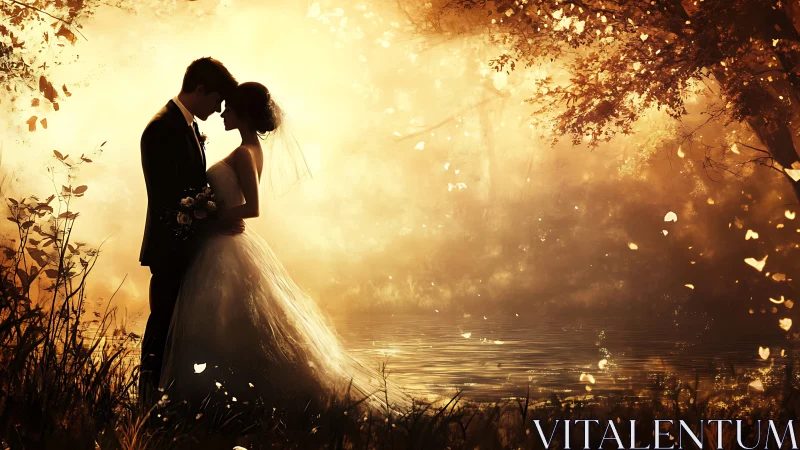 Golden Autumn Romance: Bride and Groom's Enchanted Waterside Kiss