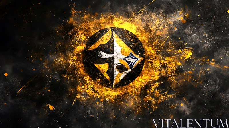 Circular abstract emblem forms central focus amid splatter