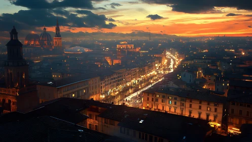 Luminous boulevard through classical city at burning dusk.
