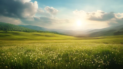 Backlit alpine meadow panorama with distant hazy ridgelines