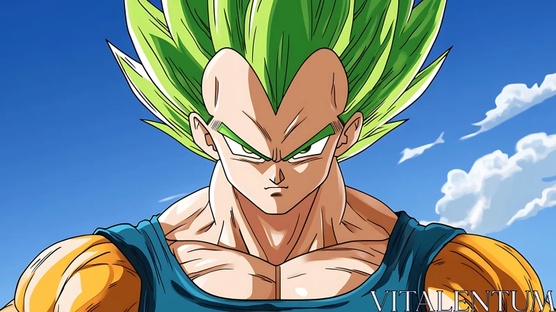 Green haired anime warrior under clear blue sky.