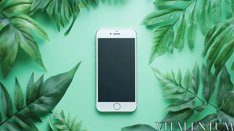 White smartphone positioned centrally on mint green background surrounded by foliage.