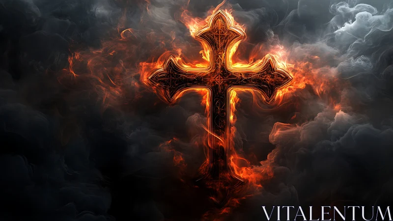 Incandescent fiery cross amid turbulent smoke-filled vortex