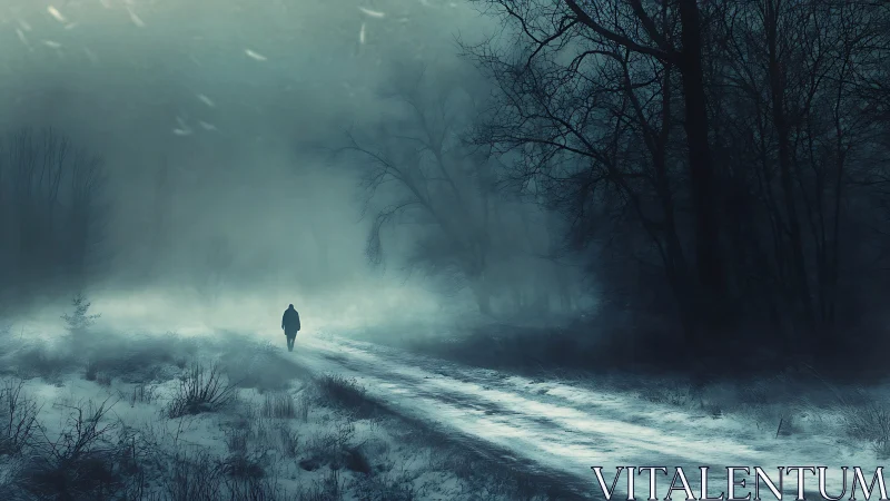 Quiet winter wanderer following a misty forest road.
