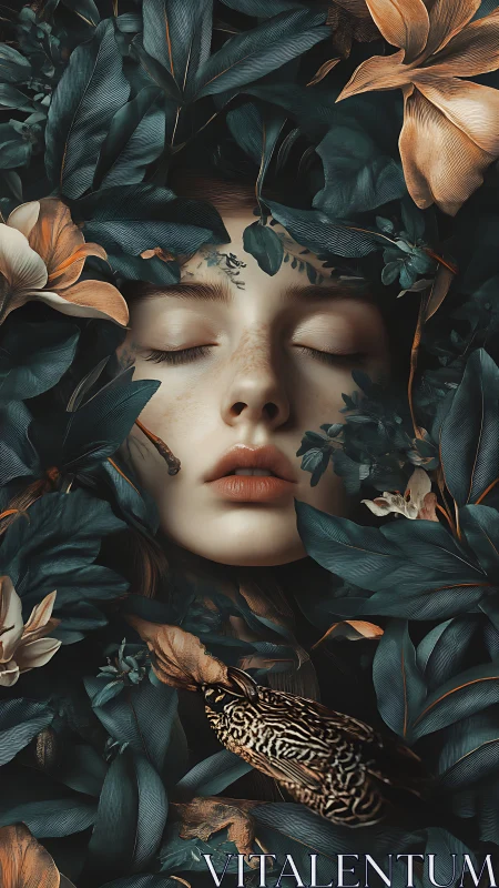 Hyperreal female portrait enveloped in dense teal foliage