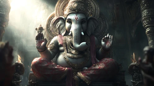 Majestic Ganesha statue sits in dimly lit temple interior