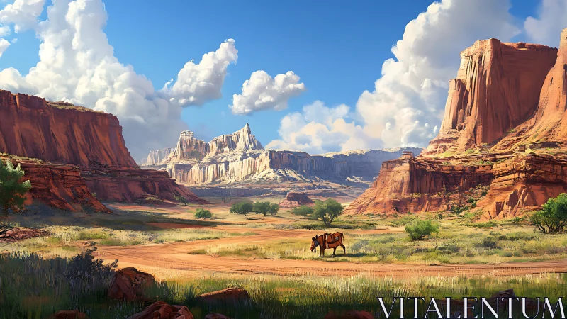 Arid canyon basin with lone pack mule under cumulus sky.