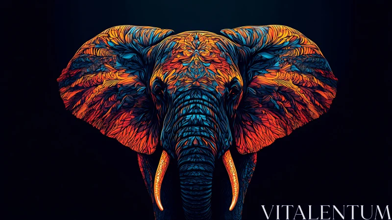 Chromatic elephant unfurls neon-feathered ears in darkness