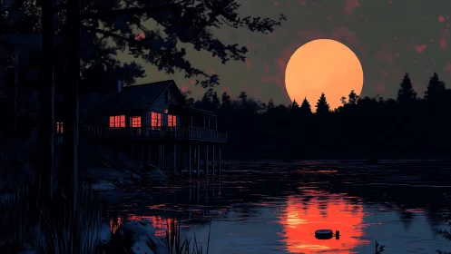 Lakeside cabin at night with large orange full moon.