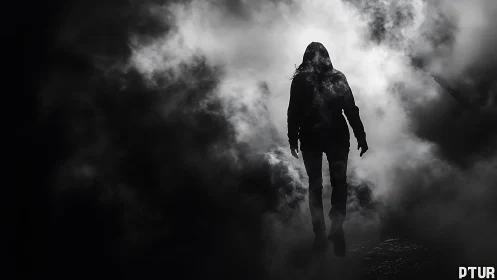 Backlit hooded silhouette walking through dense monochrome fog