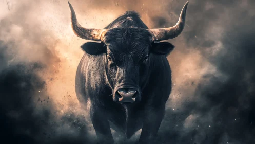 Charging black bull emerges through volumetric dust and light