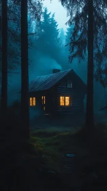 Illuminated Forest Cabin in Twilight Woodland Setting.