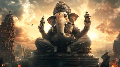 Majestic Ganesha statue amid glowing storm-lit skyline.
