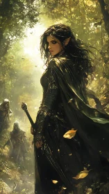 Forestblade sentinel elf poised in golden leaflight hush.