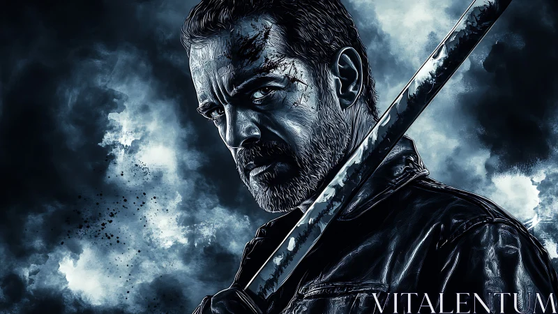 Stormlit warrior with steel gaze and weathered resolve.