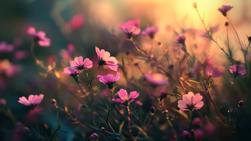 Pink Cosmos Wildflowers at Golden Hour with Bokeh Depth of Field