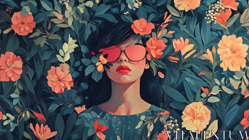 Stylized woman in floral foliage with oversized pink glasses