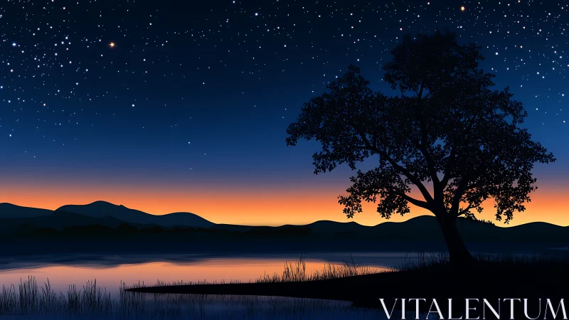 Lone lakeside tree under starry blue dusk sky horizon.
