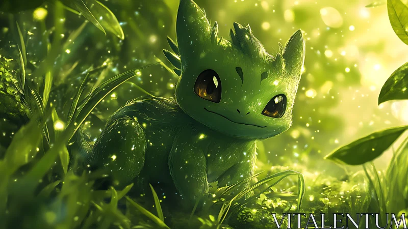 Bioluminescent forest creature in luminous green foliage glow