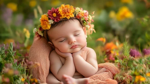 Slumbering cherub wears flowered crown amid garden's warm embrace