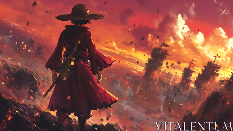 Solitary swordsman observing burning seascape at sunset.