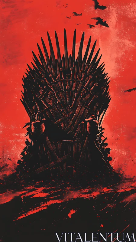 Blood-red throne of blades rises beneath circling crows.