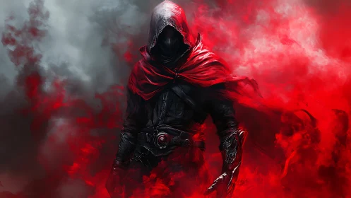 Hooded assassin emerges through swirling crimson smoke.
