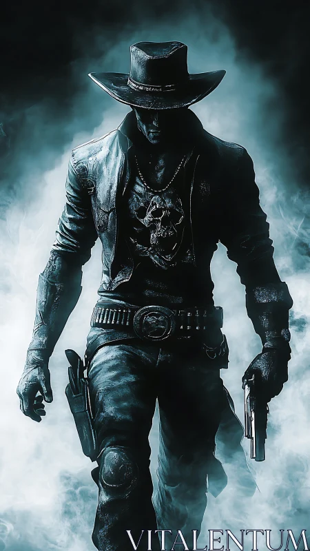 Shadowy gunfighter strides through eerie blue smoke.