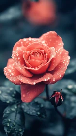 Red rose with water droplets against blurred background.