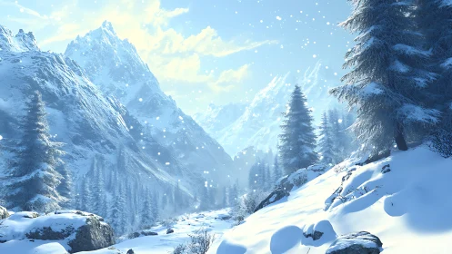 Glaciated alpine valley under diffuse winter backlighting.