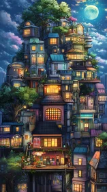 Tiered moonlit treehouse city glows with stacked homes