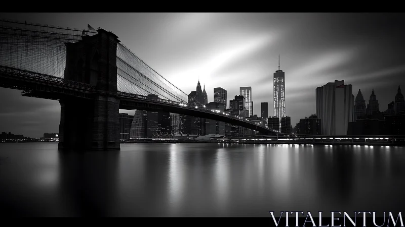 Monochrome long‑exposure city bridge over reflective river at dusk