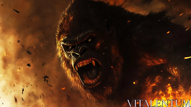 Cinematic digital painting of roaring gorilla amid firestorm.