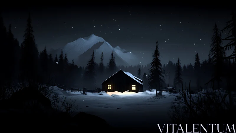 Snowy forest cabin glows warmly beneath a quiet starry sky