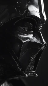 Scorched black helm brooding in cinematic shadowed silence.