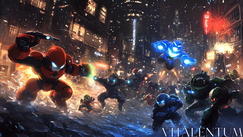 Armored fireteams crash through neon city storms at war.