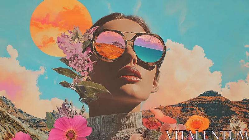 Surreal female portrait with mirrored sunglasses and flowers.