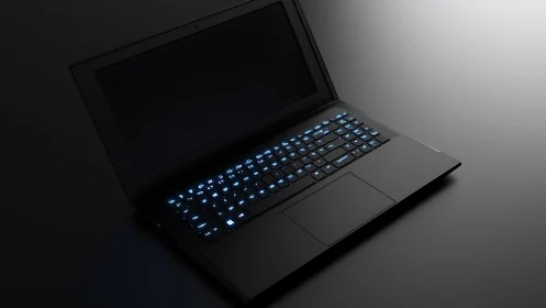 Black laptop with illuminated keyboard on dark surface.