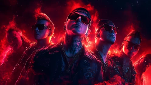 Rock band portrait in red smoke with intense lighting.