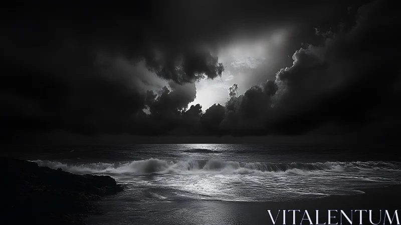 Storm-lit midnight surf under brooding cloud break.