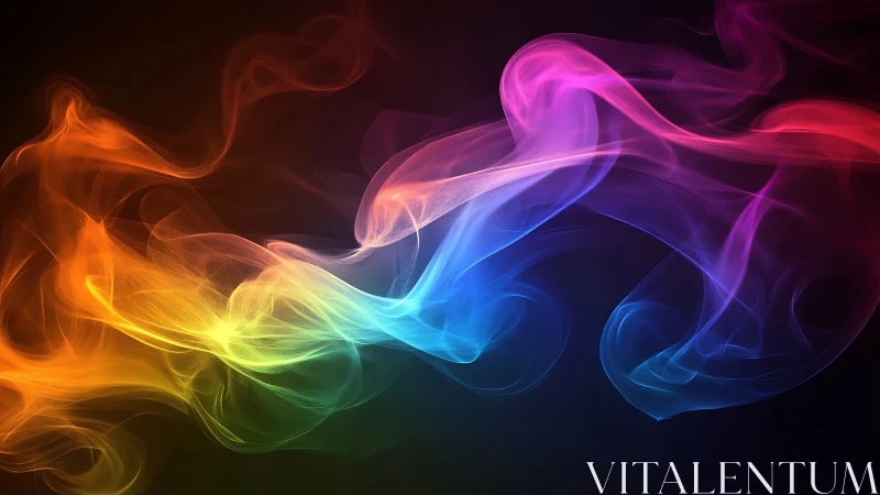 Colorful flowing smoke waves on dark abstract background.