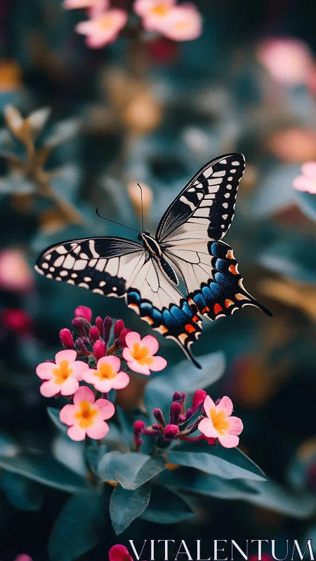Swallowtail butterfly hovers over vivid pink garden blooms.