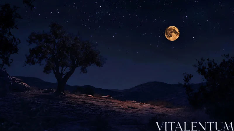 Lone tree on rocky hill under bright full moon night sky.