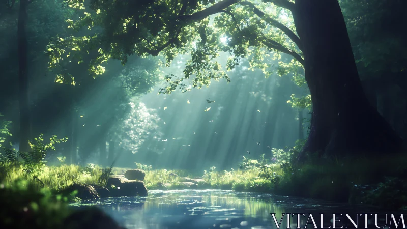 Sunlit Forest Stream: Nature's Cathedral of Light.