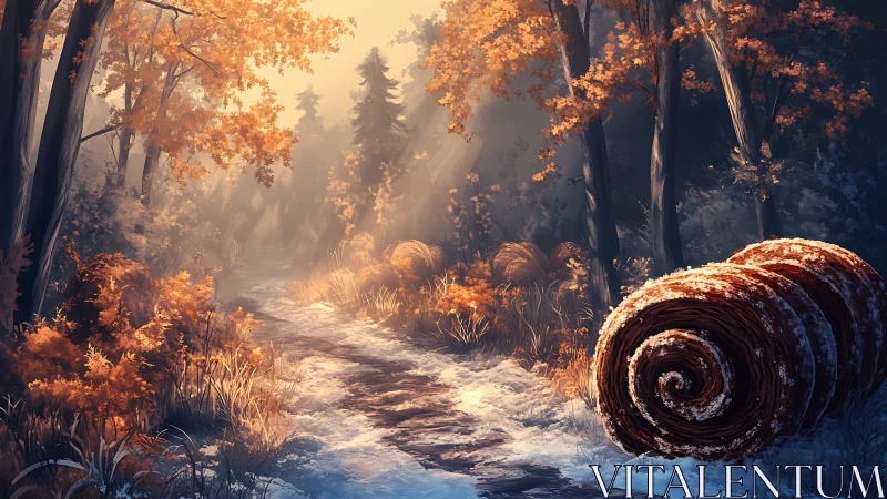 Frost-kissed forest lane with cinnamon swirl hay rolls.