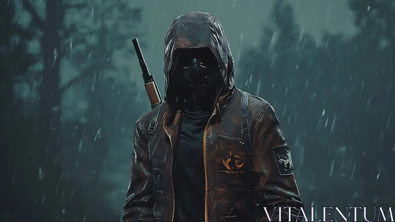 Mysterious hooded wanderer standing calm in the rainstorm.