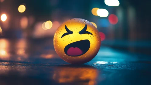 Neon emoji sphere glows on wet asphalt with cinematic bokeh