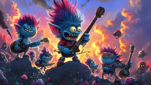 Blue cartoon creatures playing guitars in vivid sunset scene.