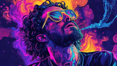 Man in neon colors exhales smoke in stylized portrait